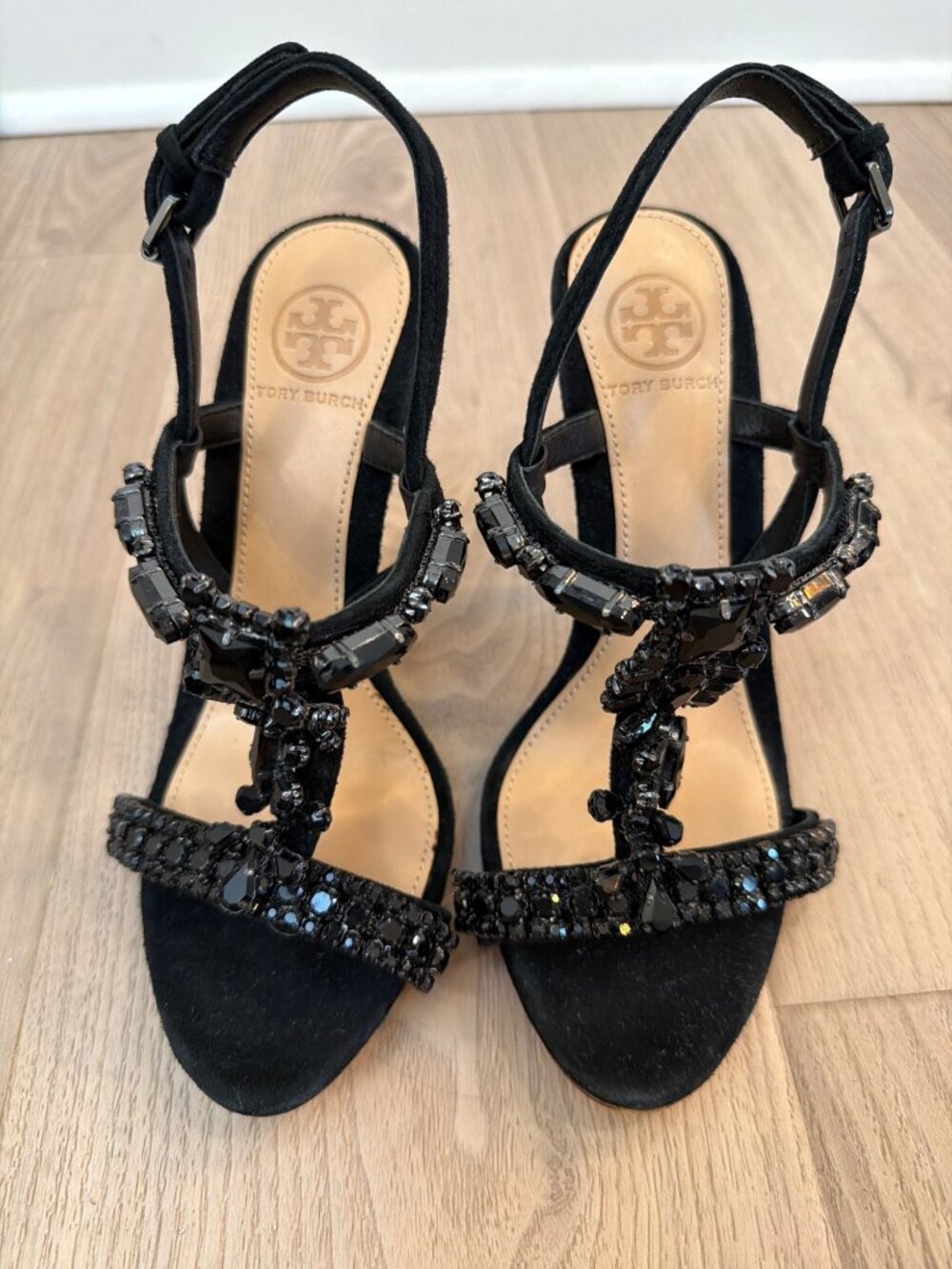 Tory Burch Black Embellished T-Strap Heels Size 6.5M Jeweled Stiletto Sandals Re